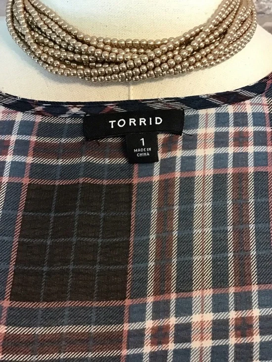 TORRID Women's Black Teal Burgundy White Plaid Open Front Kimono Cardigan 1X - Picture 5 of 6